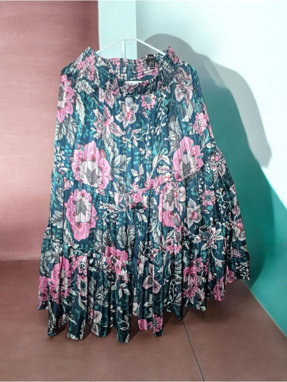 Forever 21+ Teal Floral Tiered Maxi Skirt with Pink Flowers